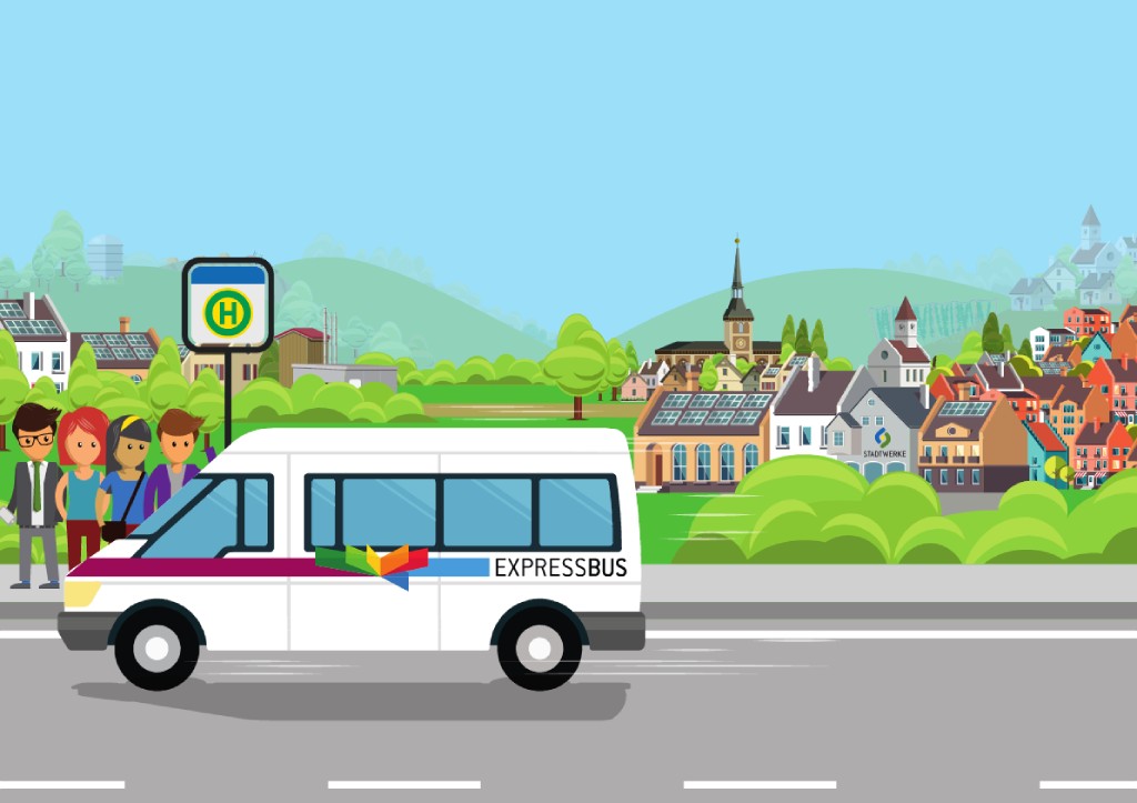 Moderner Expressbus in Pfaffenhofen mit App-Interface Überlagerung